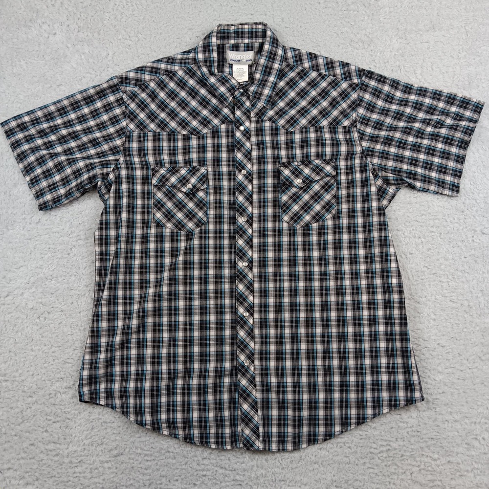 Wrangler Shirt Wrancher Mens XL Black Blue Plaid‎ Pearl Snap Western MTW1325